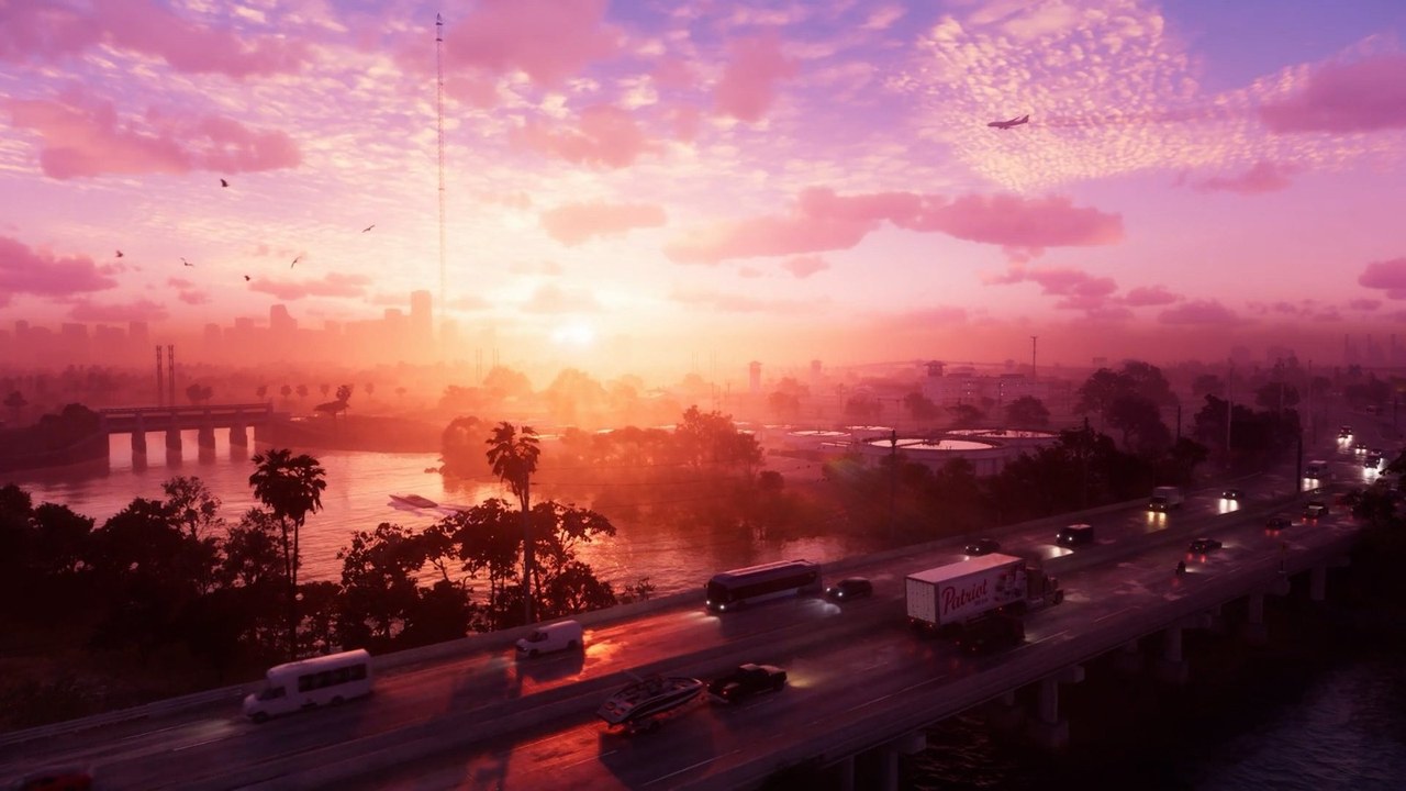 GTA6预告片中的罪恶城黄昏全景